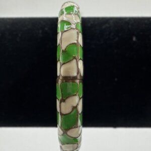 Vintage Green & Cream Enamel Mosaic Hinged Bangle Bracelet Mid-Century Retro